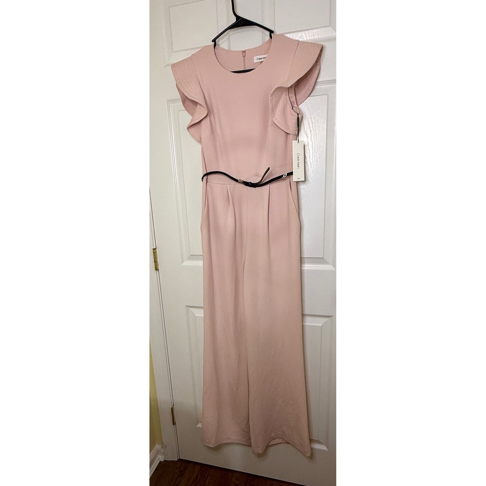 Calvin Klein Flutter Sleeve Jumpsuit Women 4 Pink New Wide Leg Belt